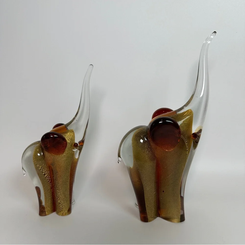 SIGNED Pair‎ of Vittorino Zane Murano Glass Elephants Gold Flecks Mama & Baby